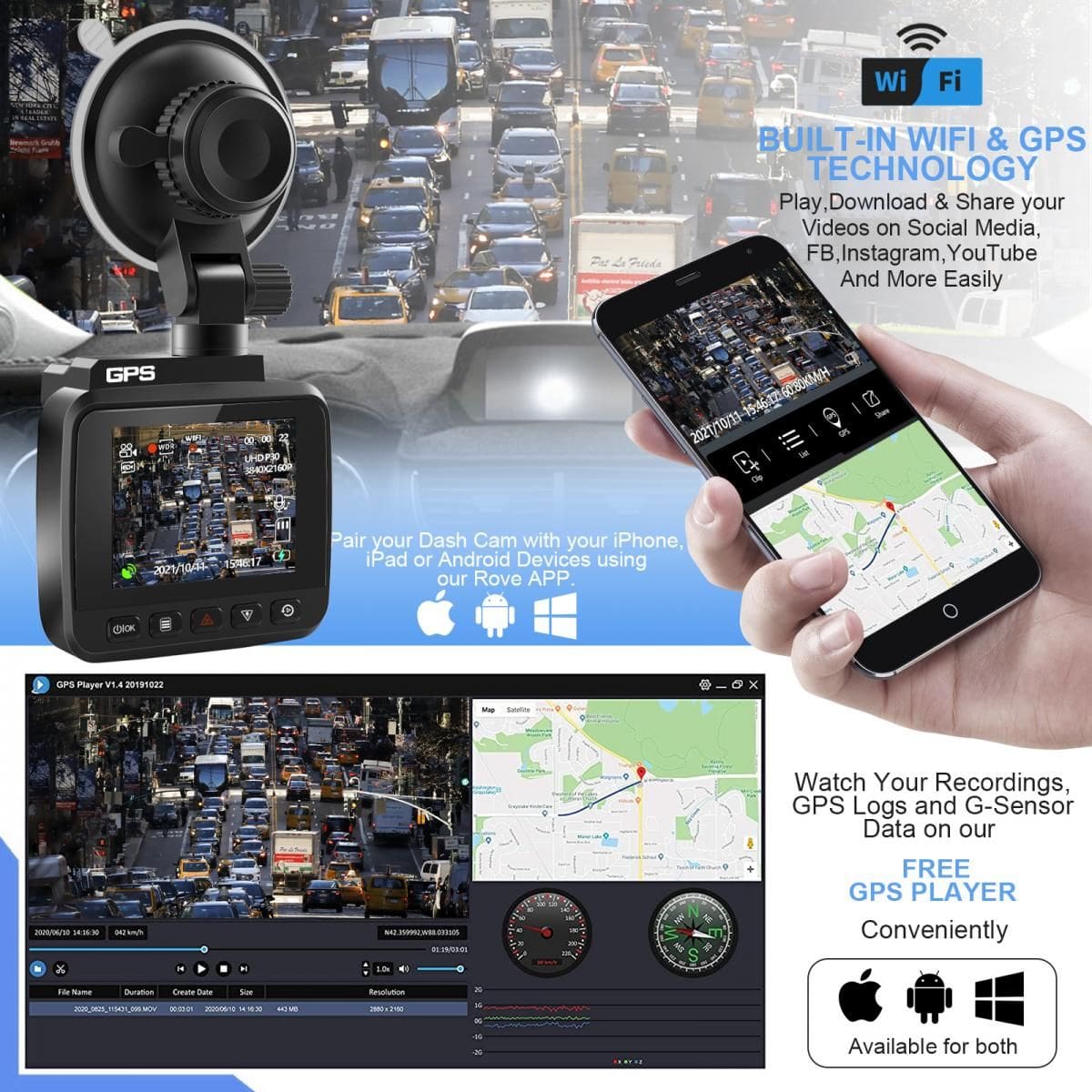 K&F Concept V53 Car Dash Cam 4K, IPS Οθόνη 3" με Κάμερα Οπισθοπορείας GW41.0057 - Image 4