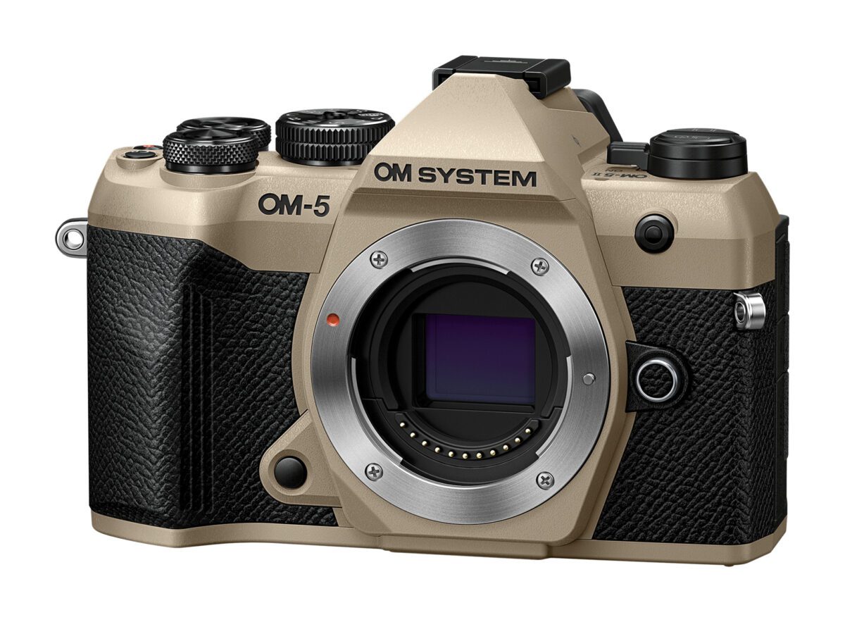 Alternative view of Olympus OM-5 II body sand beige, BLS-50 Battery, Eyecup, USB Connection Cable, Shoulder Strap
