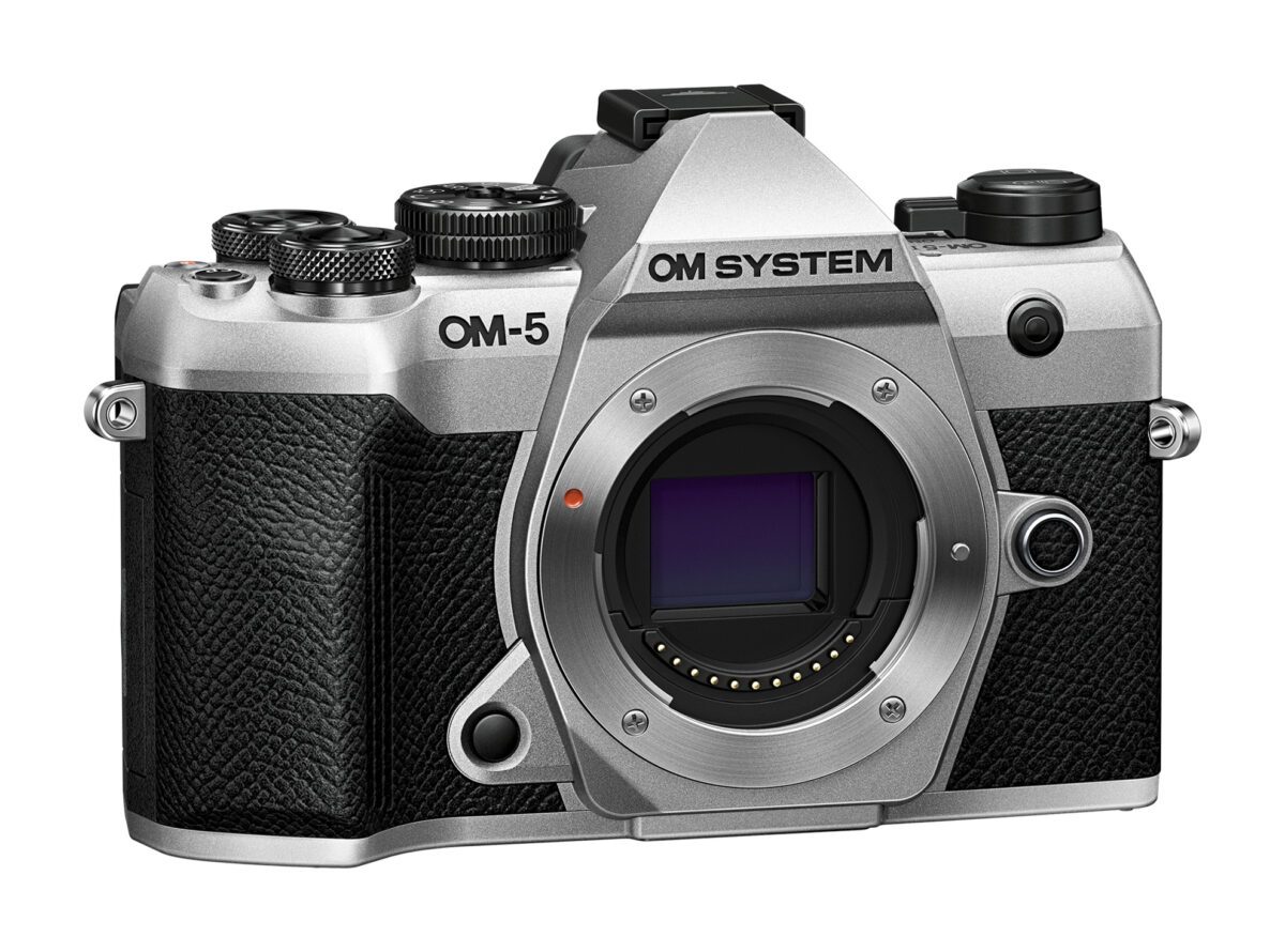 Alternative view of Olympus OM-5 II body silver, BLS-50 Battery, Eyecup, USB Connection Cable, Shoulder Strap