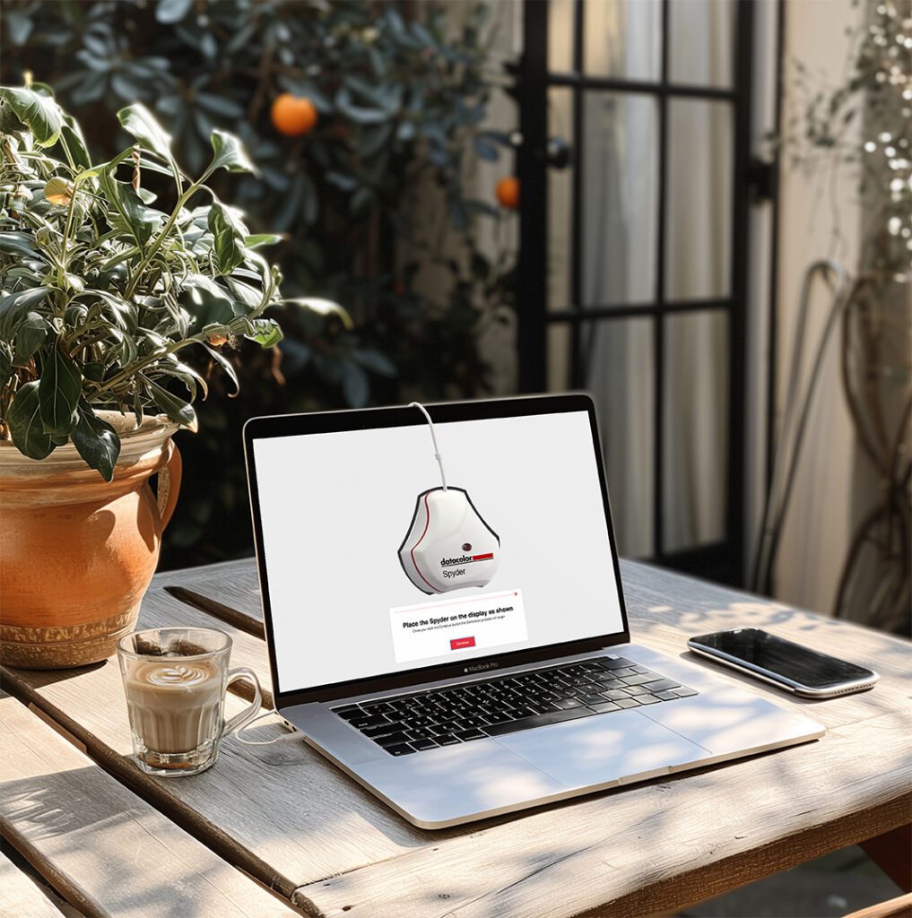 Το DataColor SpyderExpress σε φορητό υπολογιστή σε εξωτερικό χώρο καφέ
