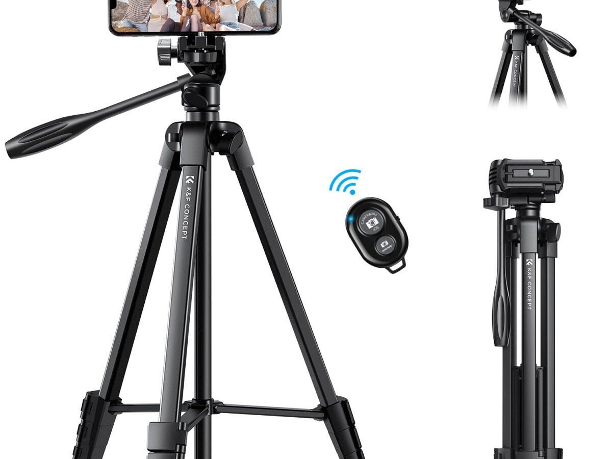 K&F Concept B174A1 Aluminum Travel Tripod with Phone Clamp & Bluetooth Shutter Remote Control for Mobile Phones (KF09.125)