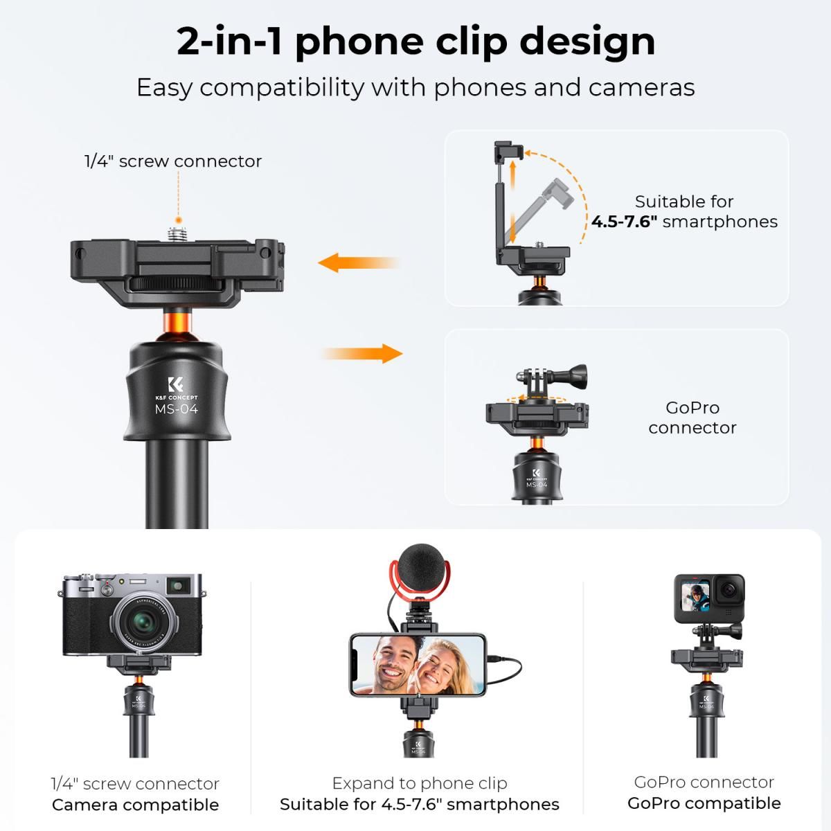 K&F Concept MS08 Tripod For Cameras, Action Cameras, Phone with Bluetooth Remote Control (KF09.127) - Image 3