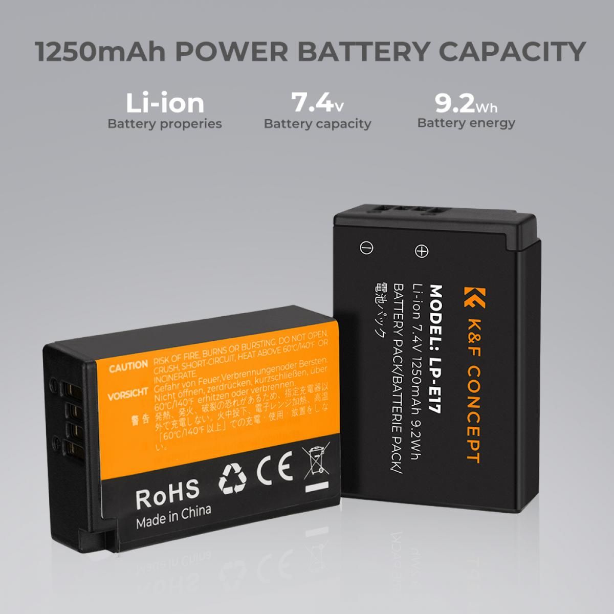K&F Concept LP-E17 Dual Slot Battery Fast Charge with 2 Batteries 1250mAh, Compatible with Canon (KF28.0014) - Image 2