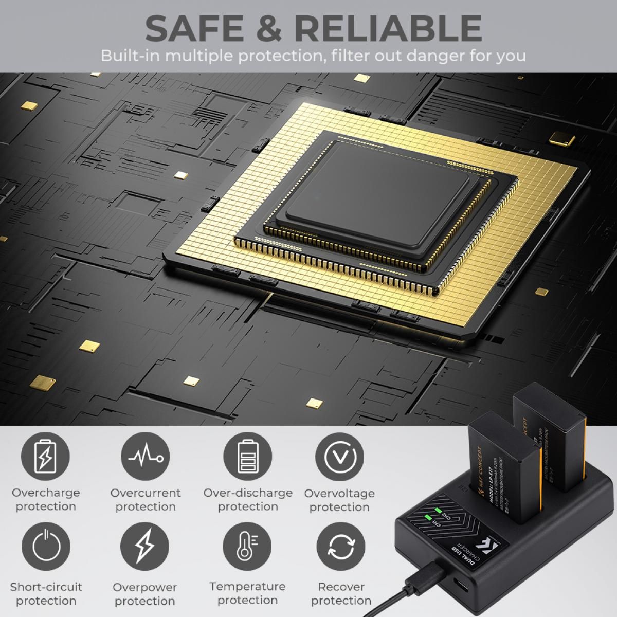 K&F Concept LP-E17 Dual Slot Battery Fast Charge with 2 Batteries 1250mAh, Compatible with Canon (KF28.0014) - Image 4