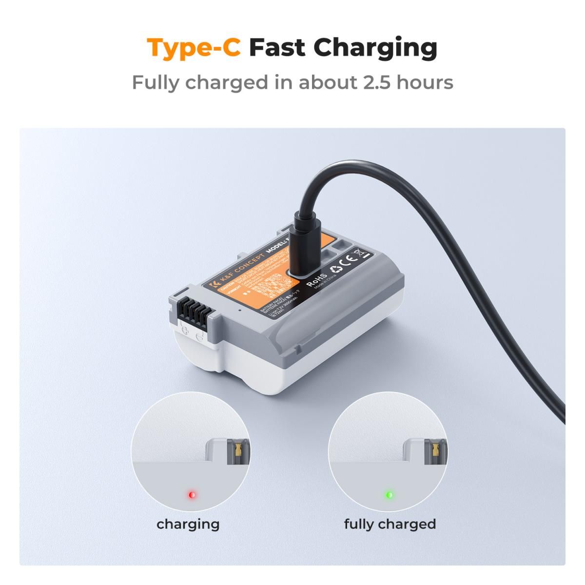 K&F Concept EN-EL15C 2600mAh Battery With Type-C Fast Charging, Compatible with Nikon (KF28.0041) - Image 2