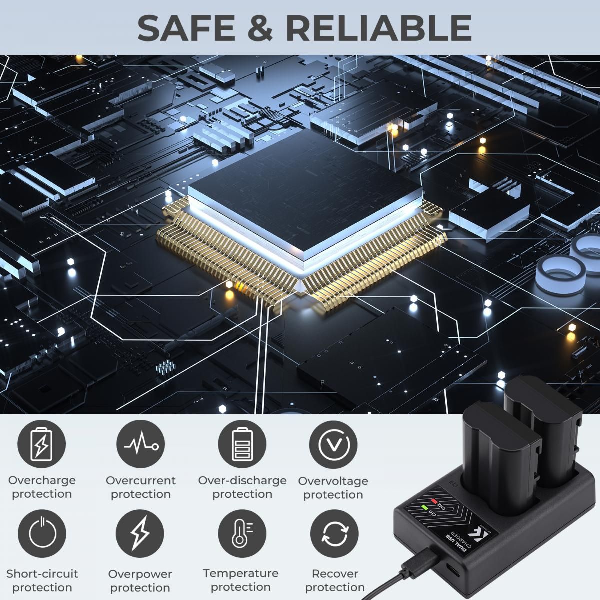 K&F Concept EN-EL15 Dual Slot Battery Fast Charger, Compatible with Nikon EN-EL15/EN-EL15a/EN-EL15b/EN-EL15c (KF28.0006) - Image 3