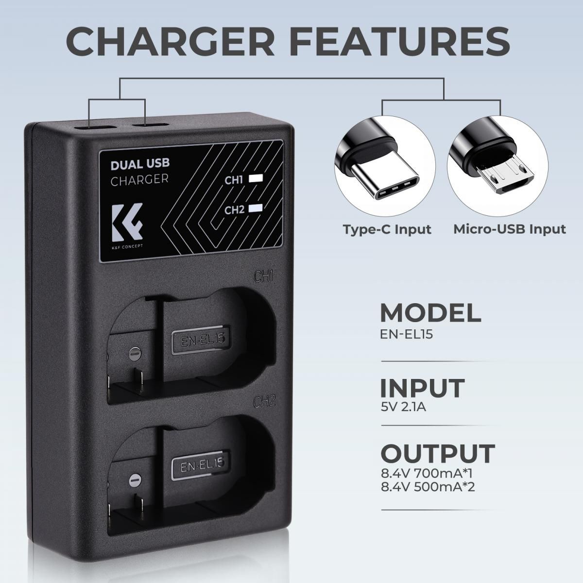 K&F Concept EN-EL15 Dual Slot Battery Fast Charger, Compatible with Nikon EN-EL15/EN-EL15a/EN-EL15b/EN-EL15c (KF28.0006) - Image 4