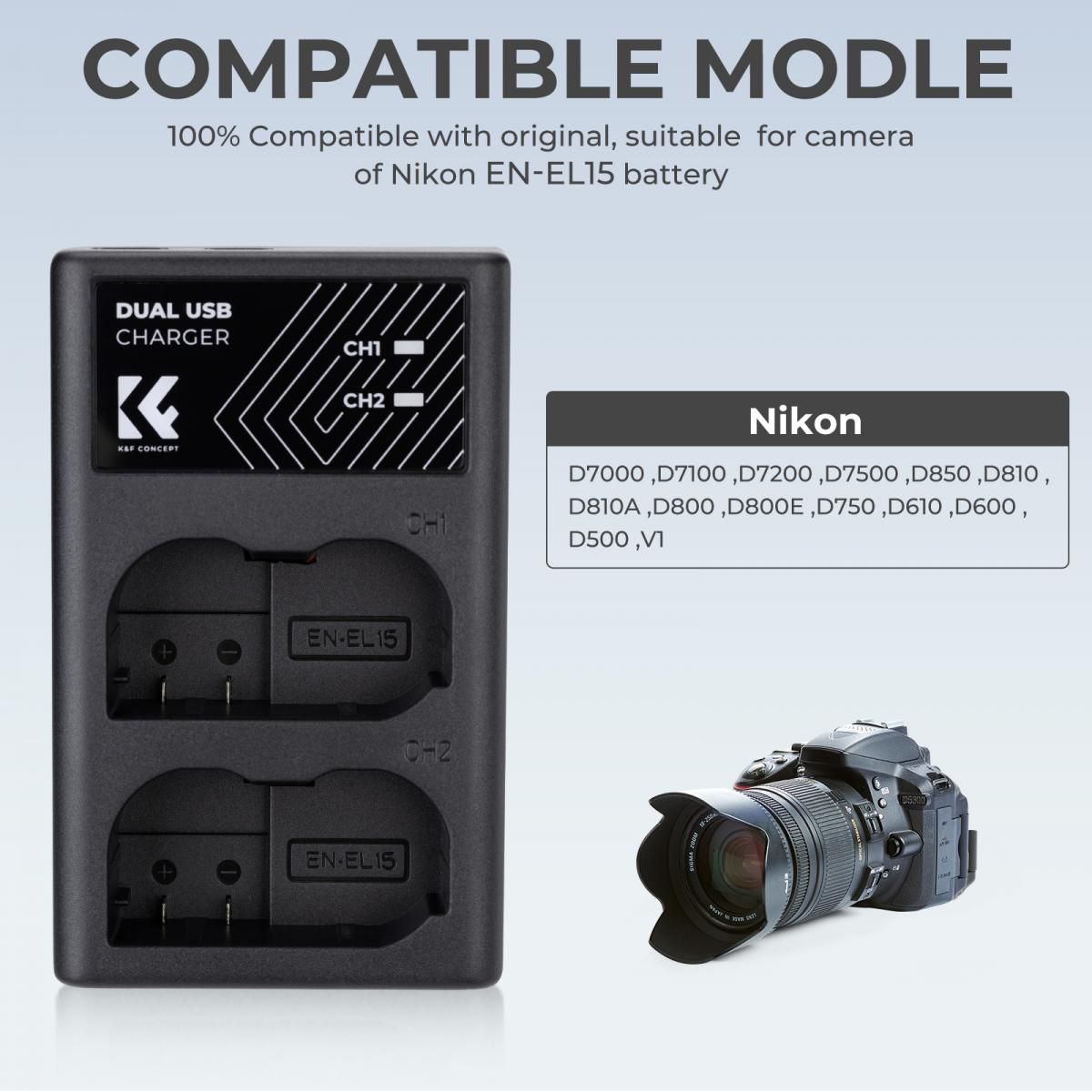 K&F Concept EN-EL15 Dual Slot Battery Fast Charger, Compatible with Nikon EN-EL15/EN-EL15a/EN-EL15b/EN-EL15c (KF28.0006) - Image 5