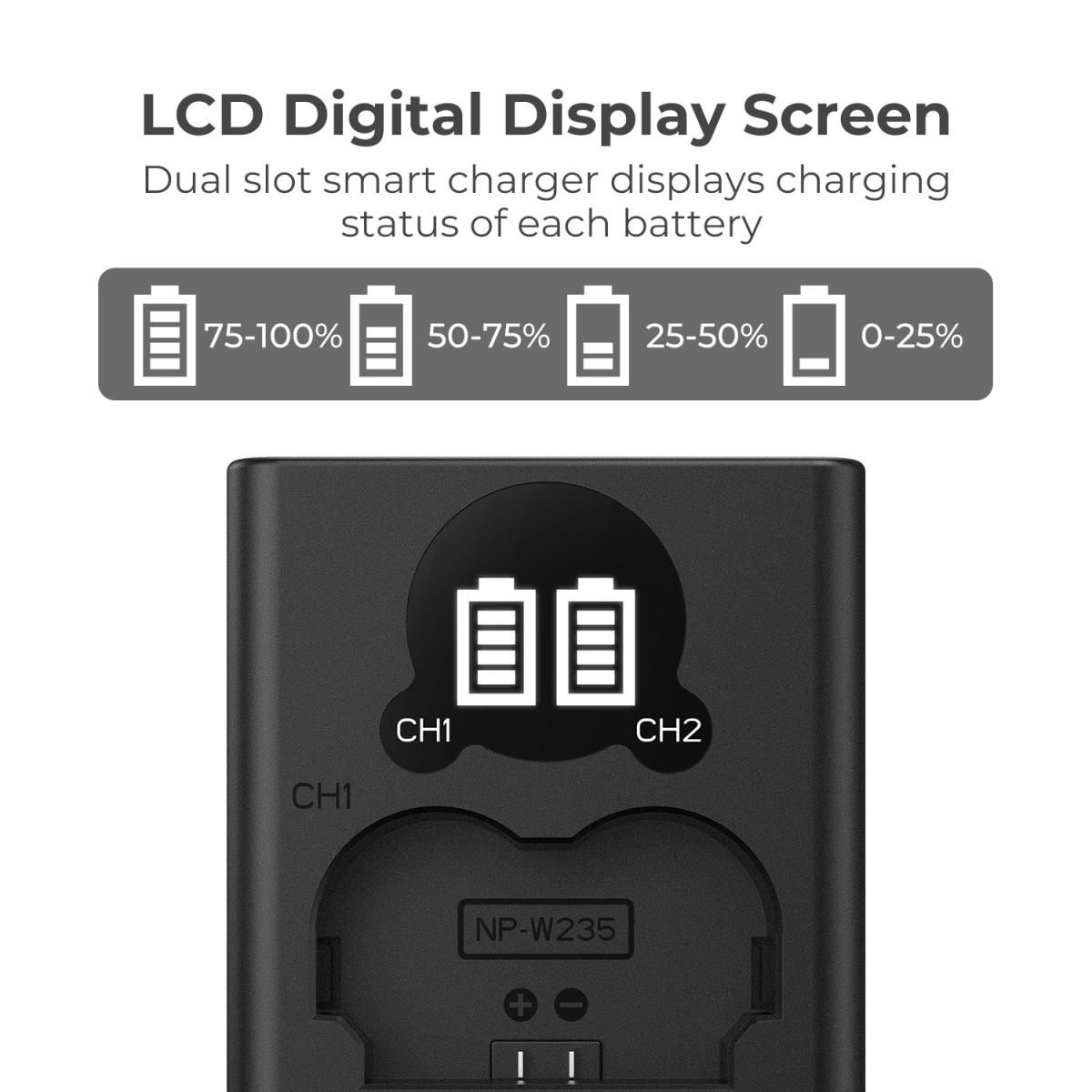 K&F Concept NP-W235 Dual Slot Battery Fast Charger with LCD Screen, Compatible with Fujifilm (KF28.0019V1) - Image 2