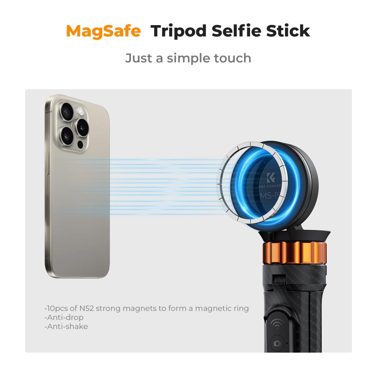K&F Concept MS19 Magsafe Selfie Stick Tripod 159cm Compatible with Bluetooth Remote Control (KF09.139) - Image 2
