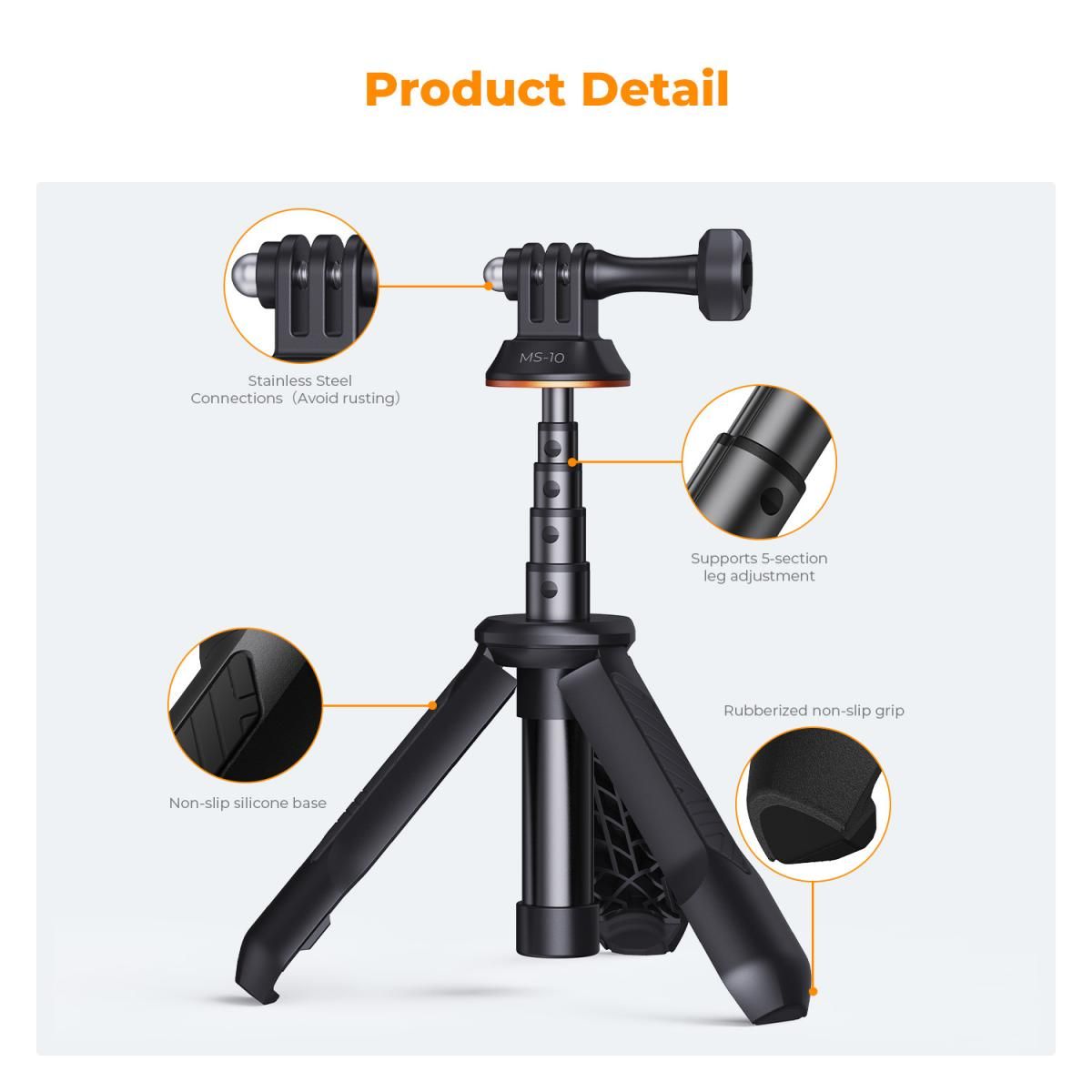 K&F Concept MS10 Selfie Stick Tripod 33.5cm Compatible with Akaso, Insta360, GoPro, DJI Action Camera KF09.133V3 - Image 2