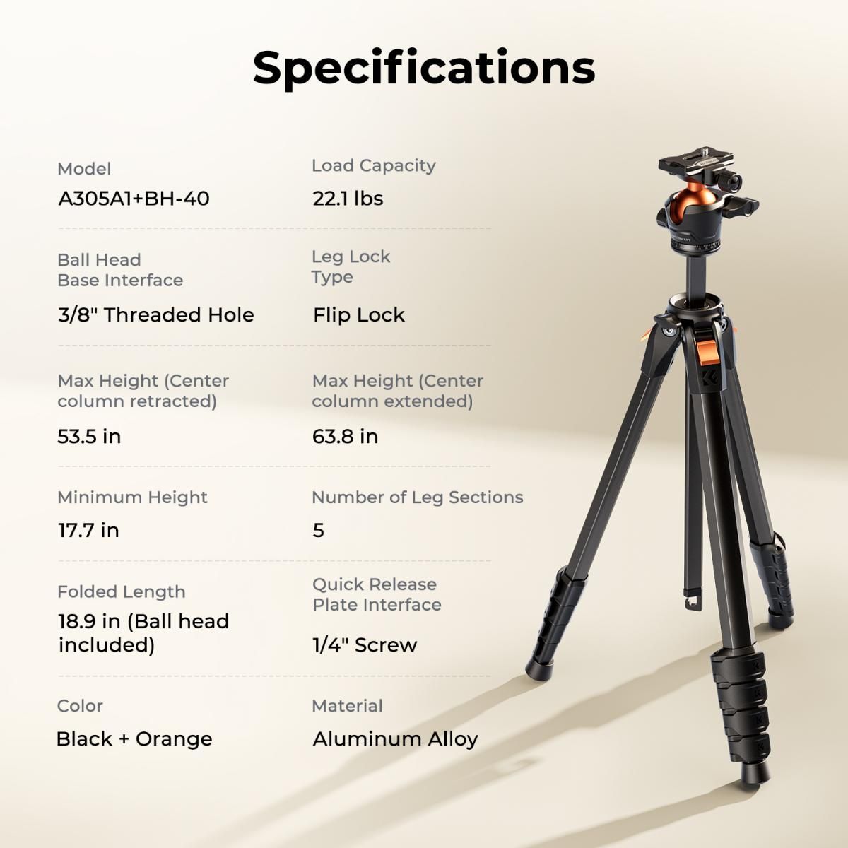 K&F Concept A305A1+BH-40 Φωτογραφικό Τρίποδο Αλουμινίου με Κεφαλή - Image 4